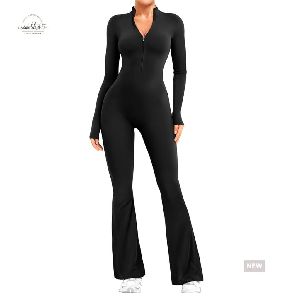 Long Sleeve Zip Front Jumpsuit Wide Leg Athletic Wear X-Large